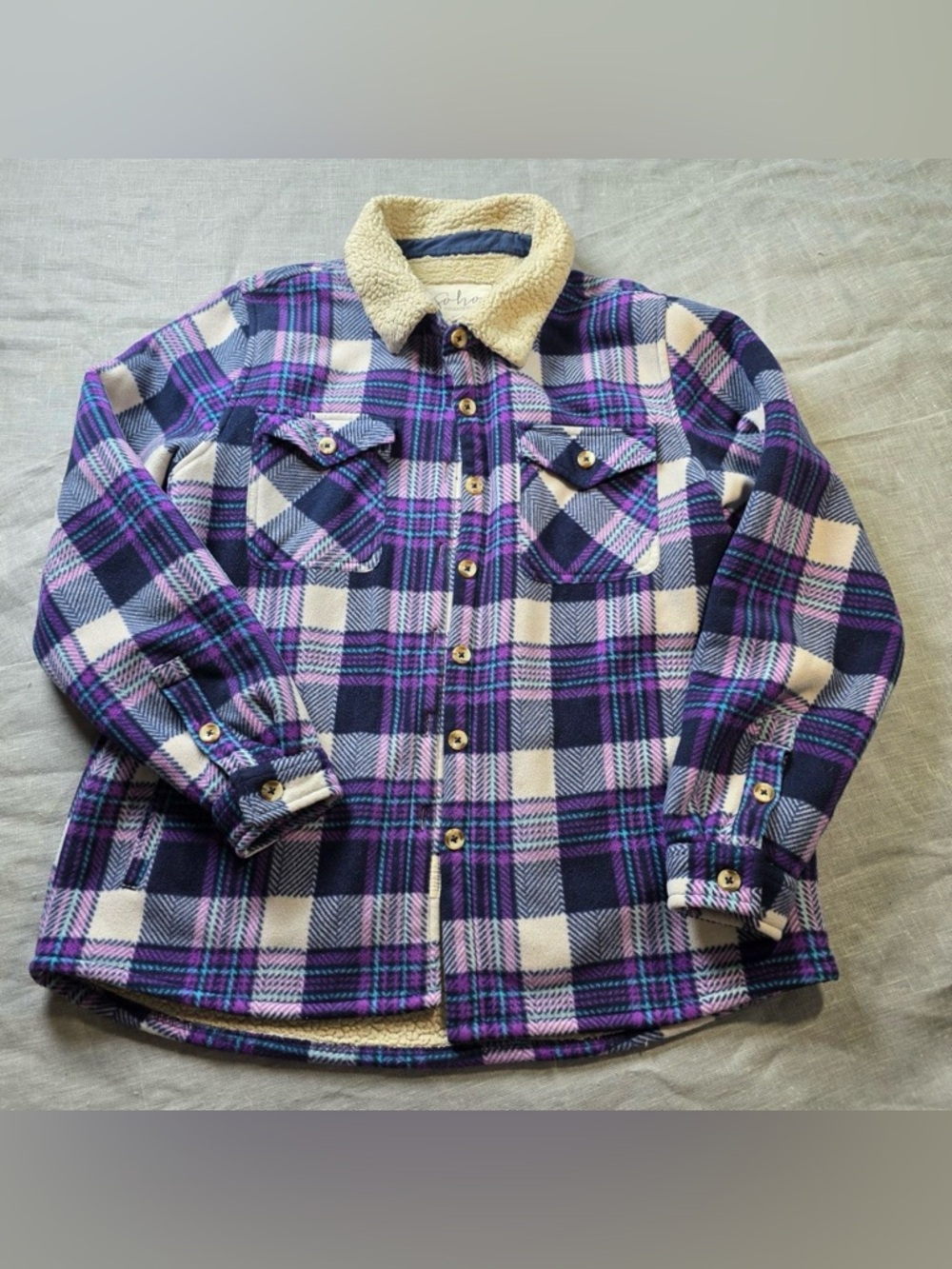 Soho Threads Plush Shirt Jacket Blue Women’s Size L Sherpa Lined